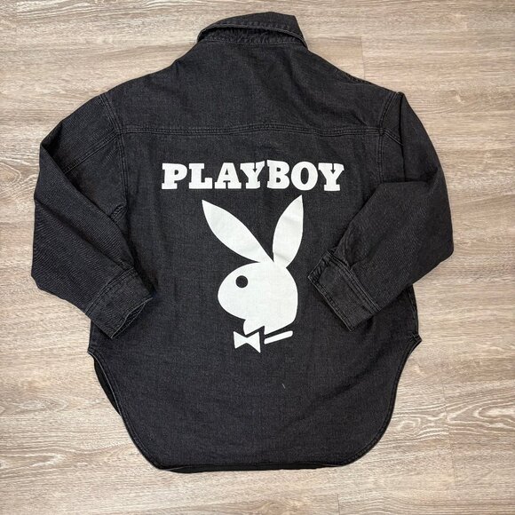 Playboy Unisex Denim Jacket  Black Snap Button Up Shirt Mens sz S Womens L - Picture 2 of 8